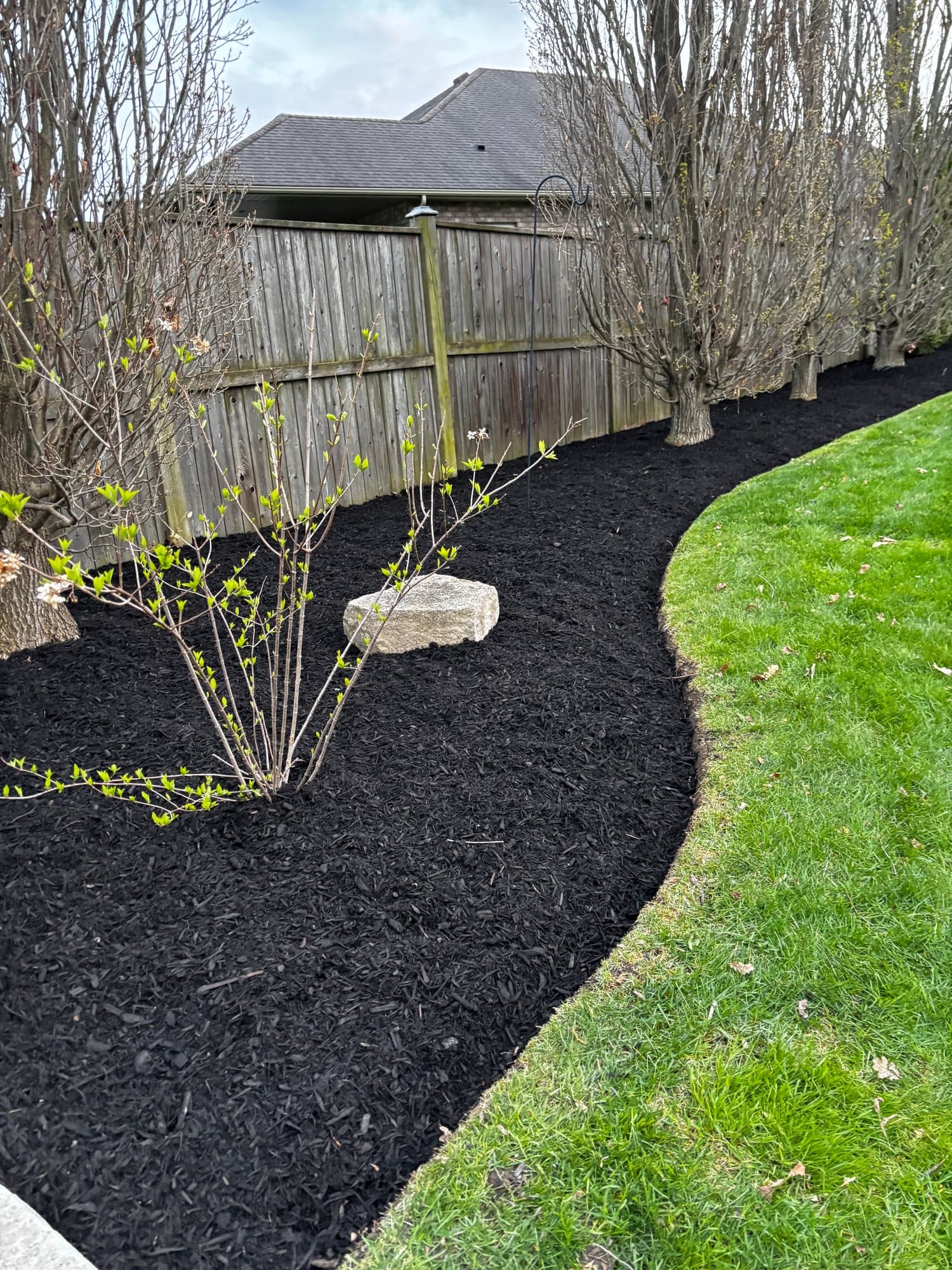 A crisp mulch bed edge along a healthy green lawn maintained by Golden Horizons