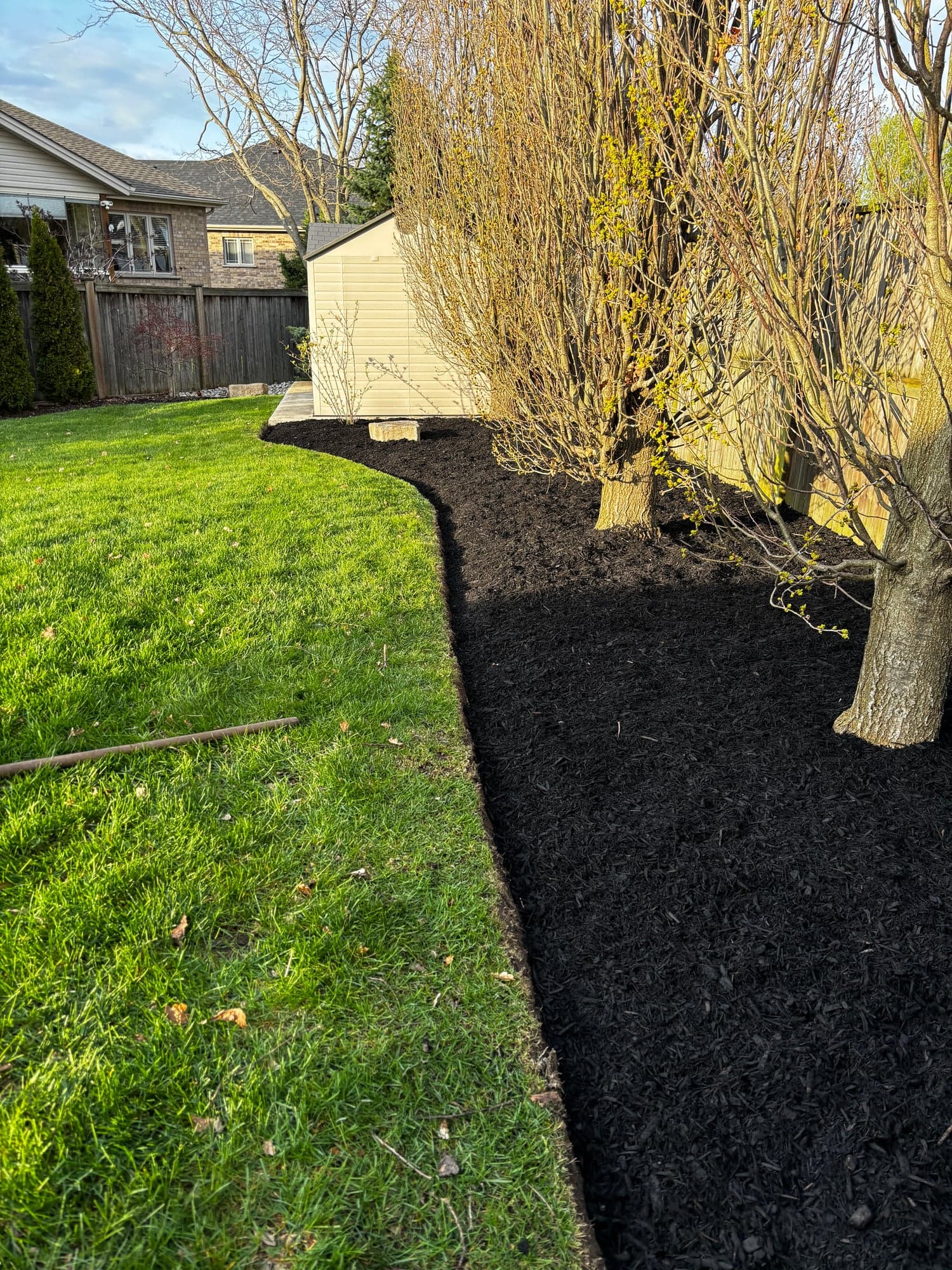 Crisp mulch bed edge along a green backyard lawn